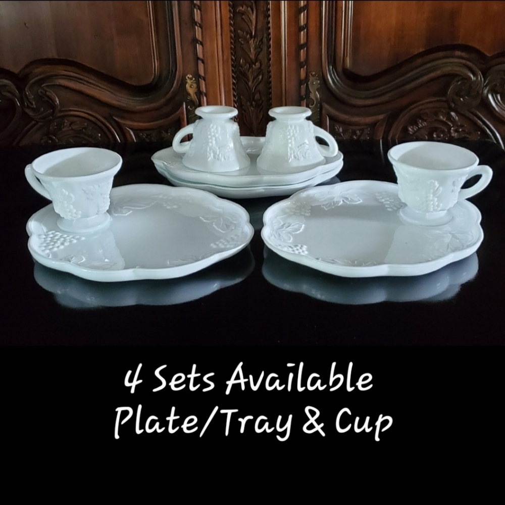(2pc) Set "Harvest Milk Glass" Bright White Plate/Tray & Cup by Colony